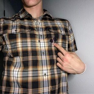 Prana Men's Brown and Black Plaid Button-Down Shirt